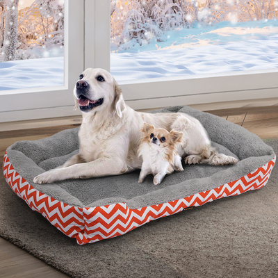 Dog Cat Bed Deluxe Soft Cushion Lining Warm Kennel Orange Geo 