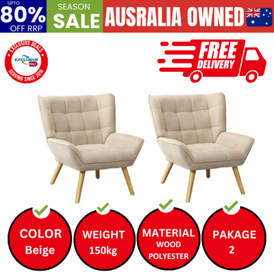 2x Armchair Accent Chairs Sofa Lounge Fabric Upholstered Tub Beige