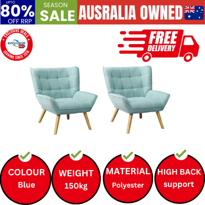 2x Armchair Accent Chairs Sofa Lounge Fabric Upholstered Tub Blue