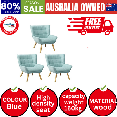 3x Armchair Accent Chairs Sofa Lounge Fabric Upholstered Tub Blue