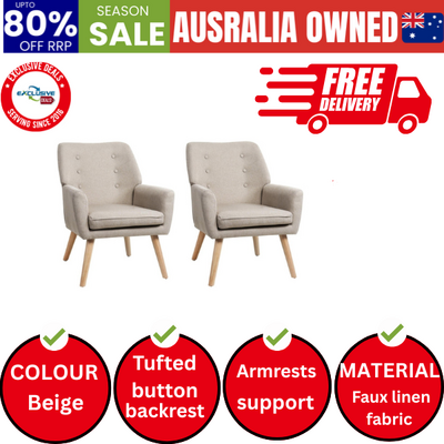 2x Armchair Lounge Chair Linen Accent Armchairs Tub Chairs Sofa Beige