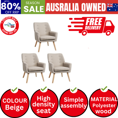 3x Armchair Lounge Chair Linen Accent Armchairs Tub Chairs Sofa Beige
