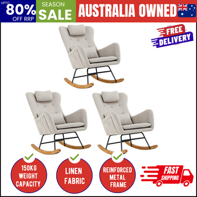 3x Rocking Chair Nursing Armchair Linen Chairs With 2 Pillow Beige