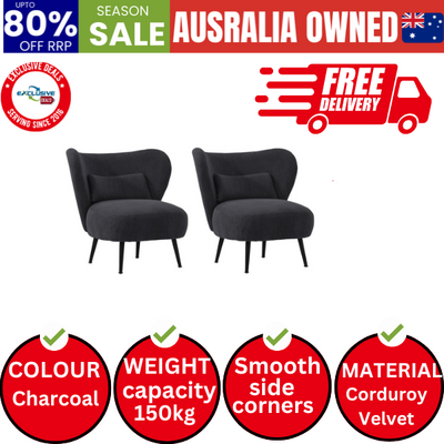 2x Armchair Lounge Chair with Lumbar Pillow Wingback Velvet Charcoal