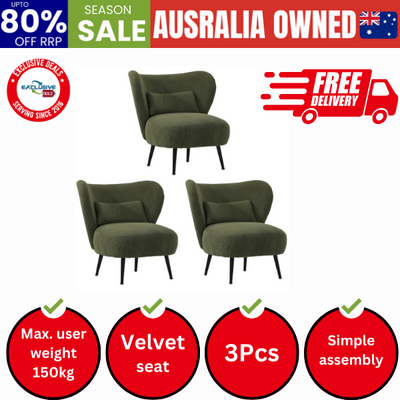 3x Armchair with Lumbar Pillow Wingback Velvet Green