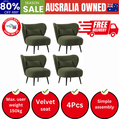 4x Armchair with Lumbar Pillow Wingback Velvet Green