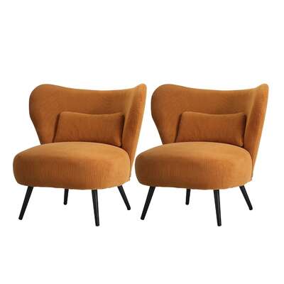 2x Armchair Lounge Chair Wingback with Lumbar Pillow Velvet Orange