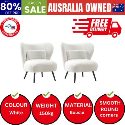 2x Armchair Lounge Chair with Lumbar Pillow Wingback Boucle White