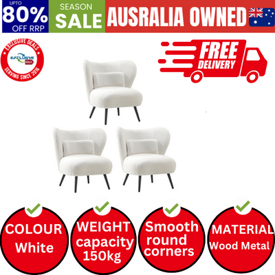 3x Armchair Lounge Chair with Lumbar Pillow Wingback Boucle White