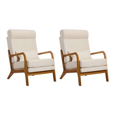 2x Linen Fabric Armchair Lounge Chair With Lumbar Pillow Beige Upholstered Seating