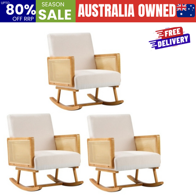 3x Rocking Chair Nursing Armchair Linen Accent Chairs PE Rattan Beige