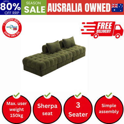 3 Seater Boucle Modular Sofa & Ottoman Set Green