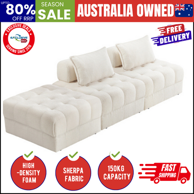 3 Seater Boucle Modular Sofa & Ottoman Set Armless TOFU Back White