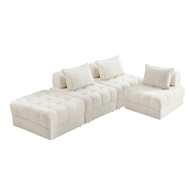 4 Seater Boucle Modular Sofa & Ottoman Set Armless TOFU Back White