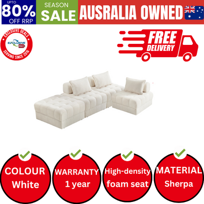 4 Seater Boucle Modular Sofa & Ottoman Set Armless TOFU Back White
