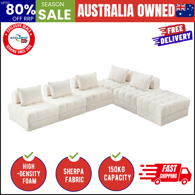 6 Seater Boucle Modular Sofa & Ottoman Set Armless TOFU Back White