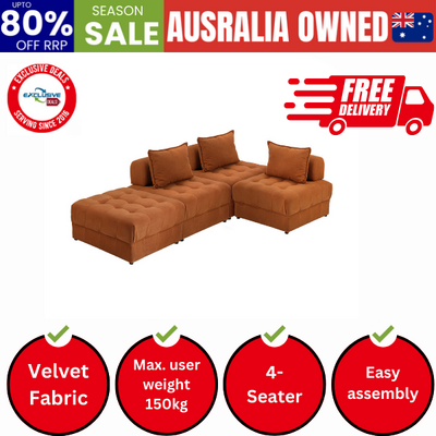 4 Seater Velvet Modular Sofa & Ottoman Set with Backrest Brown