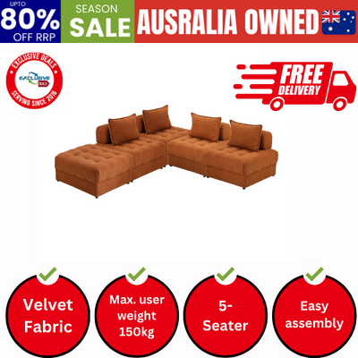 5 Seater Velvet Modular Sofa & Ottoman Set with Backrest Brown