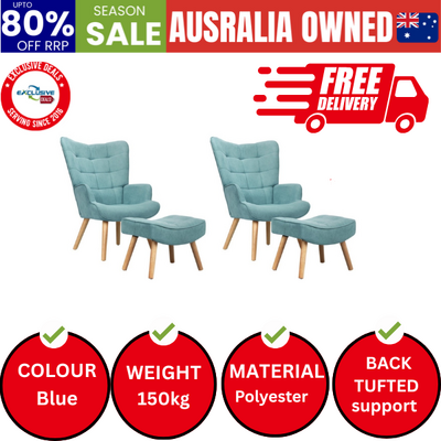 2x Armchair Lounge Chair Ottoman Accent Armchairs Fabric Sofa Blue