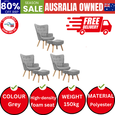 3x Armchair Lounge Chair Ottoman Accent Armchairs Fabric Sofa Grey