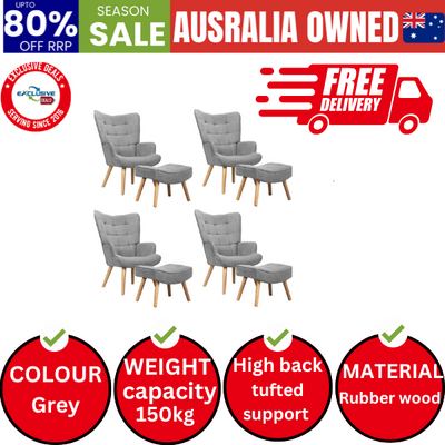 4x Armchair Lounge Chair Ottoman Accent Armchairs Fabric Sofa Grey