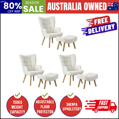 3x Armchair Lounge Chair Ottoman Accent Armchairs Sherpa Sofa White