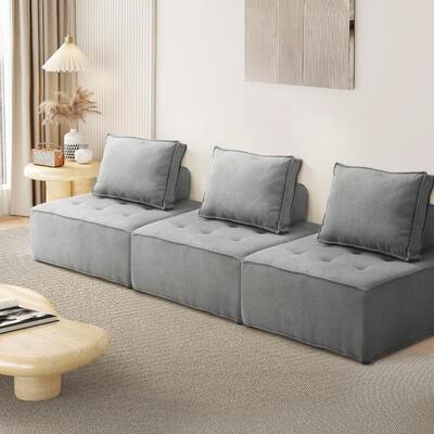 3PCS Modular Sofa Lounge Chair Armless Adjustable Back Linen Grey