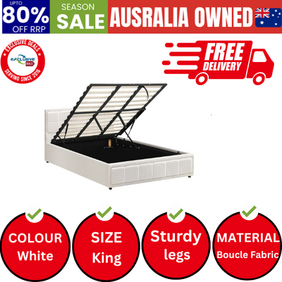  King Bed Frame Gas Lift Storage Base Boucle White