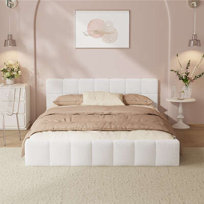 Double Bed Frame Boucle Tufted Headboard White | EXTG
