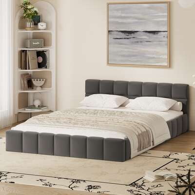 Double Bed Frame Velvet Tufted Headboard Grey | EXTG