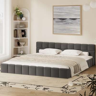 King Bed Frame Velvet Tufted Headboard Grey | EXTG