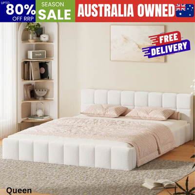 Bed Frame Queen Size Tufted Headboard White Boucle