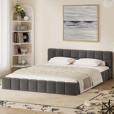 Queen Bed Frame Velvet Tufted Headboard Grey | EXTG