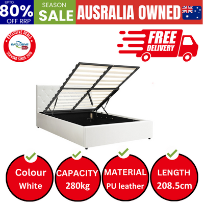 Bed Frame Queen Size Gas Lift Base Storage Leather White
