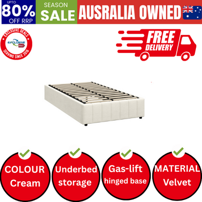 Bed Frame King Single Gas Lift Storage Base Velvet Cream FURB