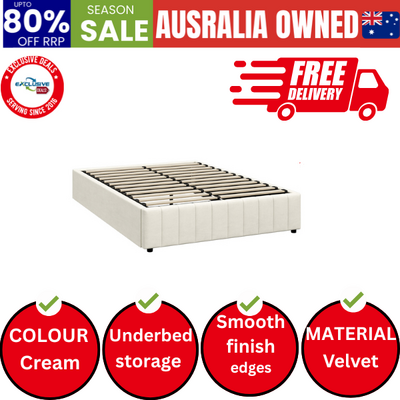 Bed Frame Queen Size Gas Lift Storage Base Velvet Cream FURB