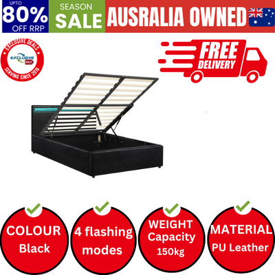 Bed Frame RGB LED King Single Gas Lift Storage Base Black