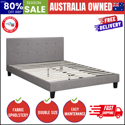 Bed Frame Double Size Wooden Fabric Grey