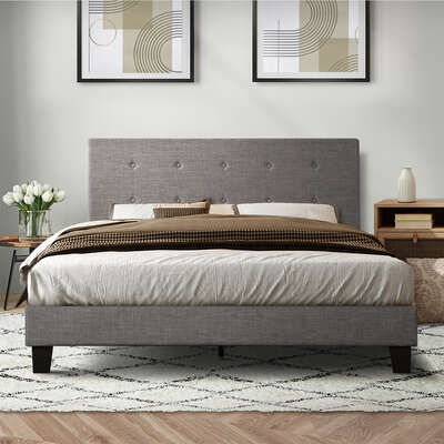 Bed Frame Queen Size Wooden Fabric Grey