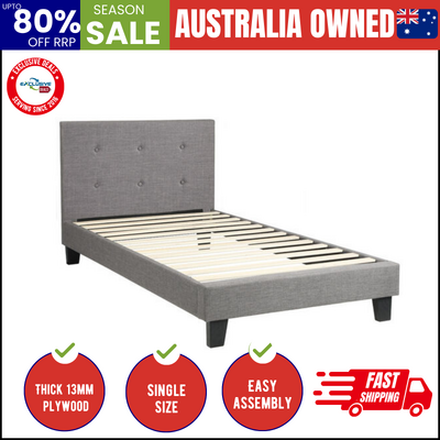 Bed Frame Single Size Wooden Fabric Grey