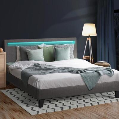 Bed Frame RGB LED Queen Size Mattress Base Platform Wooden Grey Fabric