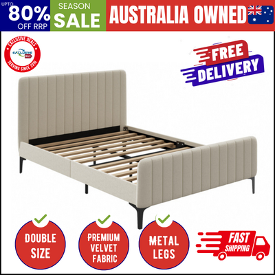 Double Size Bed Frame Velvet Fabric Beige