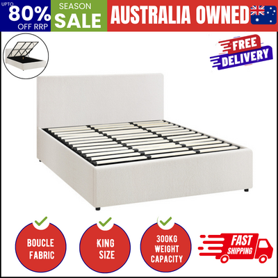 King Bed Frame Gas Lift Storage Base White Boucle