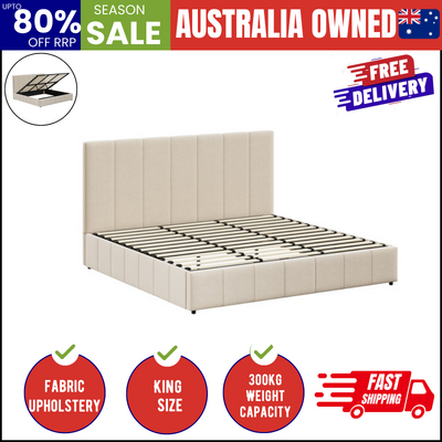 Bed Frame King Size Gas Lift Base With Storage Beige Fabric VISH