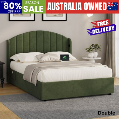 Bed Frame Double With Gas Lift Storage USB Charging Velvet