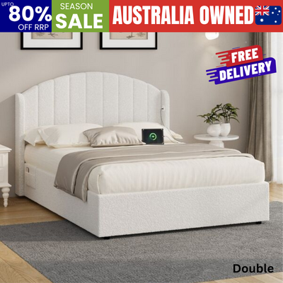 Bed Frame Double With Gas Lift Storage USB Charging Boucle