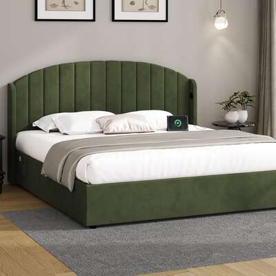 Bed Frame King Size With Gas Lift Storage USB Charging Velvet