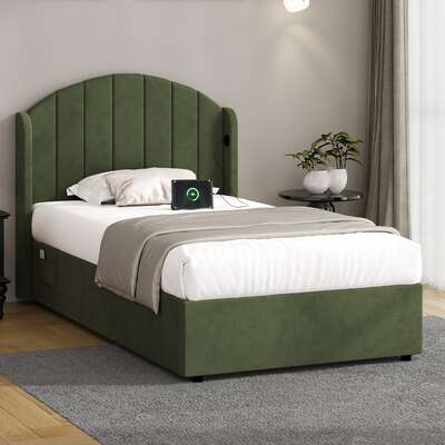 Bed Frame King Single Gas Lift Storage USB Charging Velvet