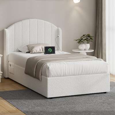 Bed Frame King Single Gas Lift Storage USB Charging Boucle