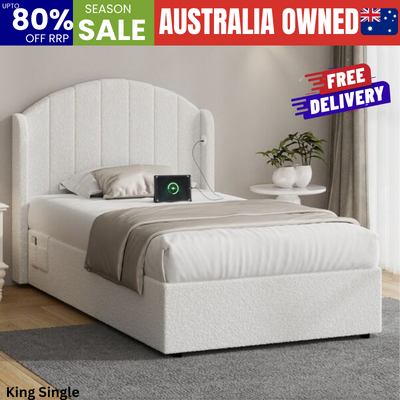 Bed Frame King Single Gas Lift Storage USB Charging Boucle